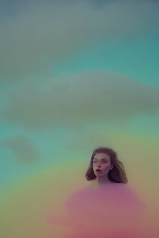 Image similar to high quality pastel coloured film close up wide angle photograph of a model wearing clothing swimming on cloud furniture in a icelandic black rock!! environment in a partially haze filled dreamstate world. three point light, rainbow. photographic production. art directed. pastel colours. volumetric clouds. pastel gradient overlay. waves glitch artefacts. extreme facial clarity. 8 k. filmic.