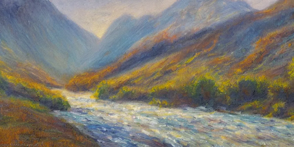 Prompt: impressionism painting of a stream running a mountain pass on a foggy morning, sun low on horizon through snow capped mountains