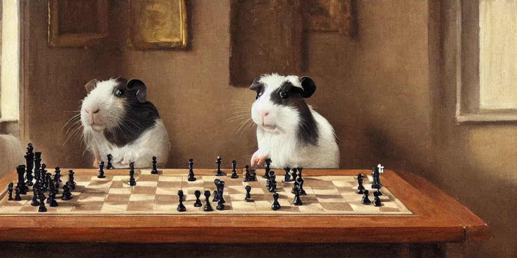 Image similar to a guinea pig playing chess inside a cozy victorian room, realistic oil paint