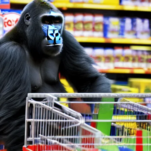 Prompt: photo of gorilla in walmart, cctv footage,