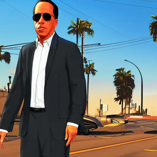 Prompt: Jerry Seinfeld with aviator sunglasses in gta v loading screen artwork