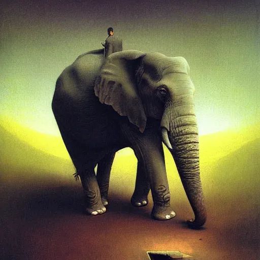 Image similar to elephant painting by beksinski, barlowe colors. masterpiece painting