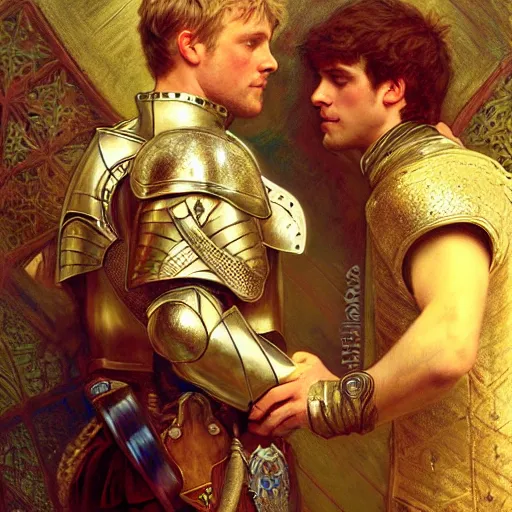 Image similar to attractive arthur pendragon and his attractive male knight, they are in love, natural lighting, path traced, highly detailed, high quality, digital painting, by gaston bussiere, craig mullins, alphonse mucha j. c. leyendecker