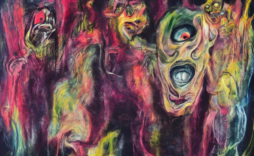 Prompt: men in black, transmutation of the physical into the digital, grotesque, doomed, acrylic paint, high resolution, gouache on canvas, vibrant colors, grotesque, wrapped thermal background, art francis bacon