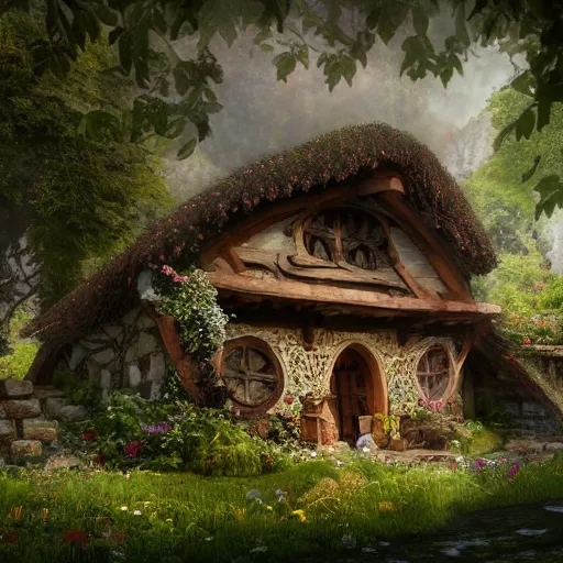 Image similar to a medieval hobbit house, ornate, beautiful, atmosphere, vibe, flowers, concept art illustration, color page, 4 k, tone mapping, doll, akihiko yoshida, james jean, andrei riabovitchev, marc simonetti, yoshitaka amano, digital illustration, greg rutowski, volumetric lighting, sunbeams, particles