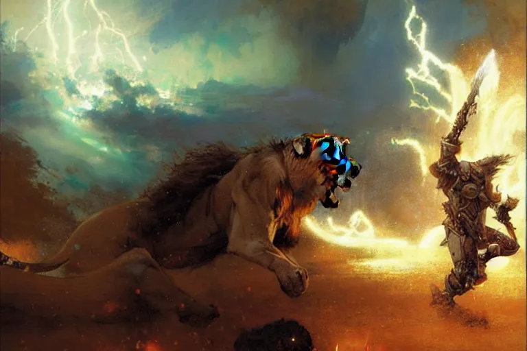 Prompt: a sorcerer shooting lightnings against a lion, portrait dnd, painting by gaston bussiere, craig mullins, greg rutkowski, yoji shinkawa