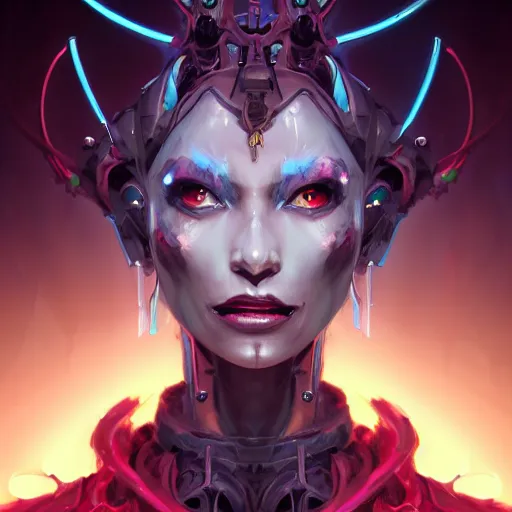 Image similar to a portrait of a beautiful demonic cybernetic queen of hell, cyberpunk concept art by pete mohrbacher and wlop and artgerm and josan gonzales, digital art, highly detailed, intricate, sci-fi, sharp focus, Trending on Artstation HQ, deviantart, unreal engine 5, 4K UHD image