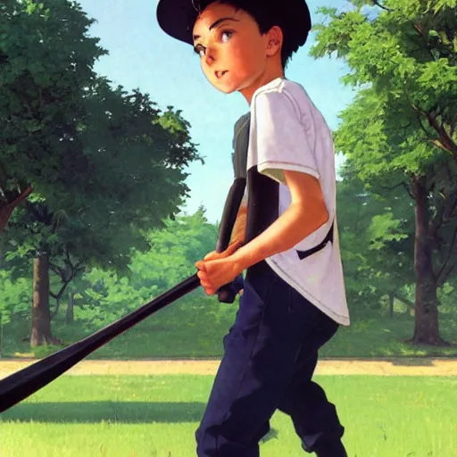 Image similar to a summer day. A teen boy with black hair is wearing a baseball cap and outfit and swinging his baseball bat. Norman Rockwell. Makoto shinkai. Kuvshinov ilya.