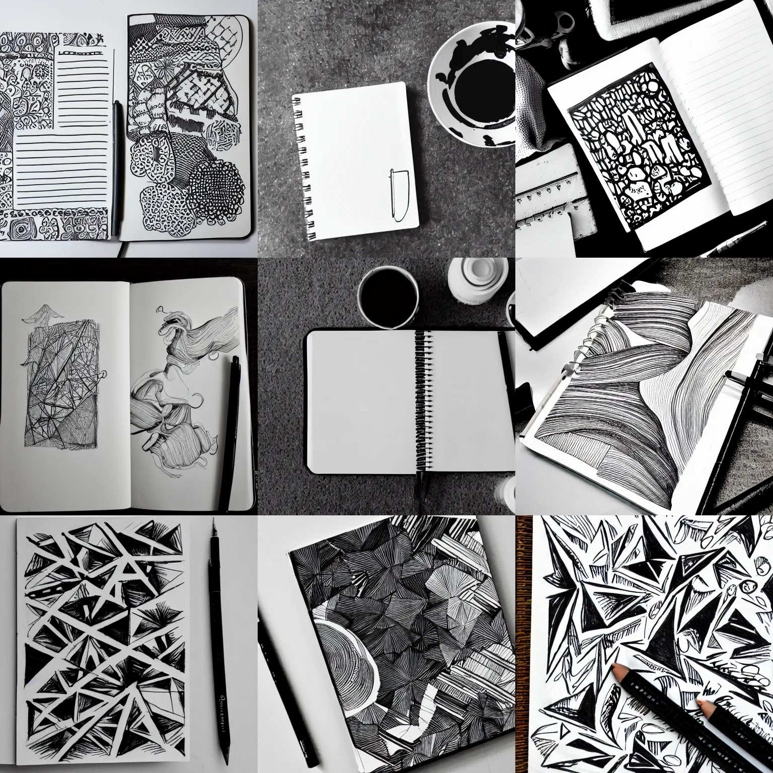 Prompt: black and white notebook drawings casual white space