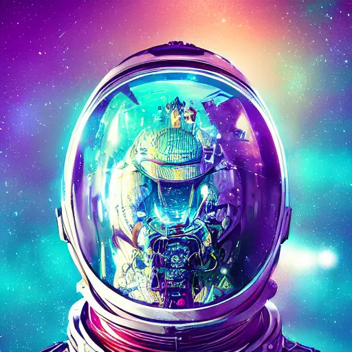 Prompt: a beautiful hyper detailed helmet of astronaut, made from crystal and glass, scifi, realistic, psychedelic vision, by beeple, artgerm, aaron, bauhaus, akira toriyama, hp lovecraft, andre masson, hyper detailed, art station,