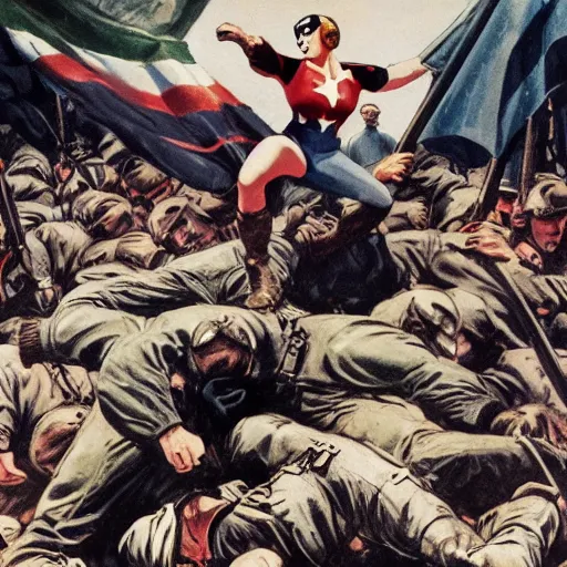 Image similar to female captain america standing on a pile of defeated german soldiers. wwii american propaganda poster by james gurney