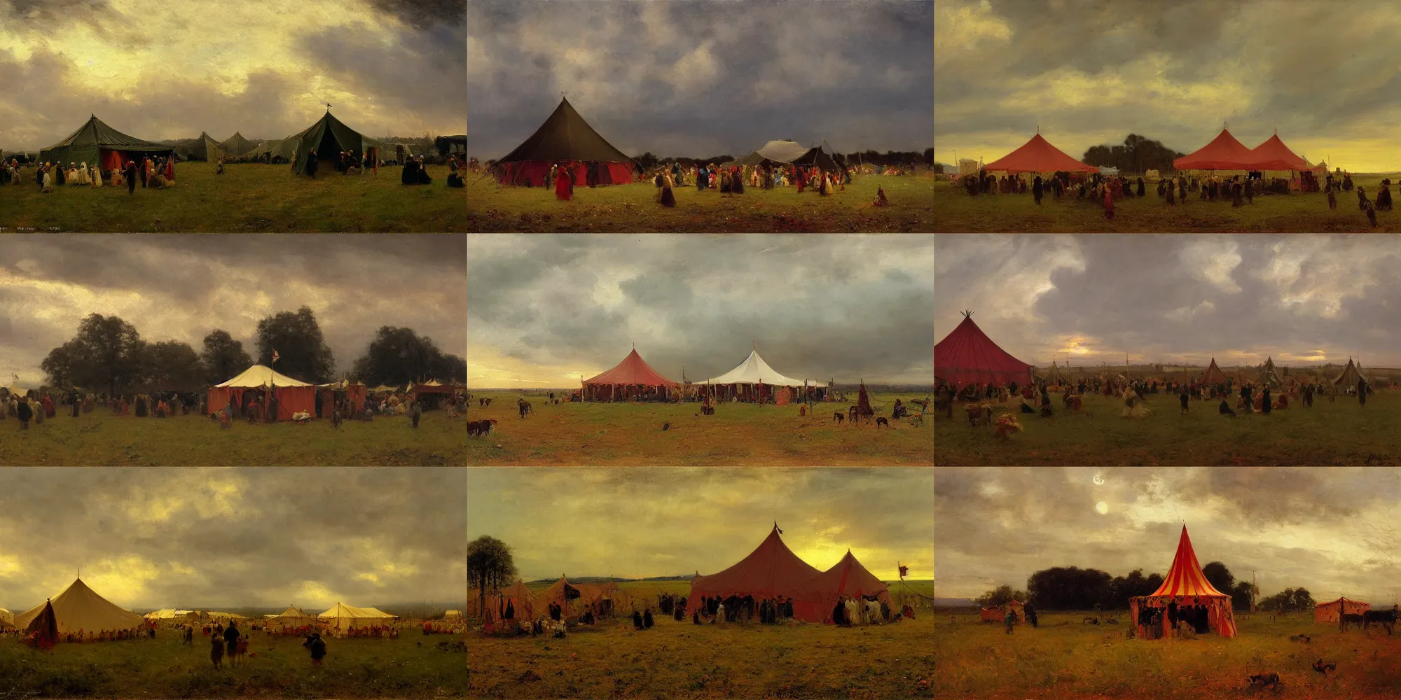 Prompt: a beautiful painting of a circus tent in a field at dusk, detailed, abbey edwin austin, andreas achenbach, cinematic, gloomy atmosphere