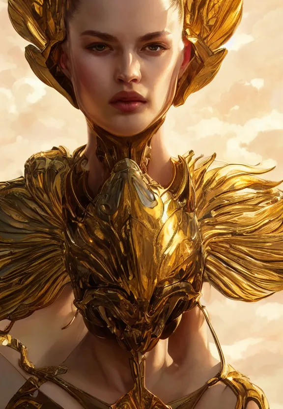 Prompt: A beautiful fierce angel wearing metallic battle armor, posing among heavenly sunlit clouds, close-up shot, intricate, elegant, digital painting, golden hour, cinematic, trending on artstation, concept art, smooth, sharp focus, illustration, art by artgerm and Greg Rutkowski and Alphonse Mucha