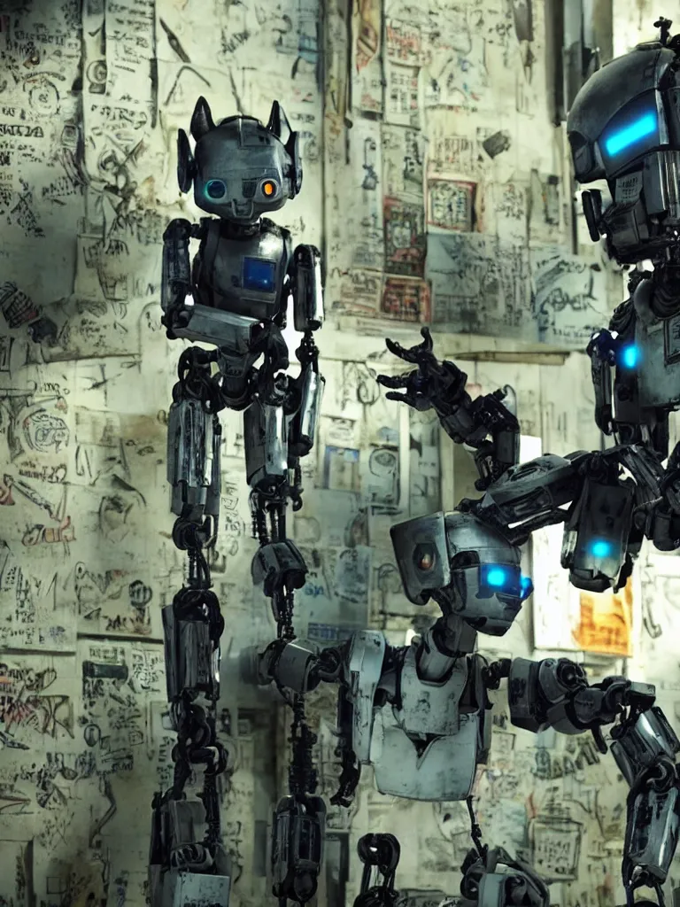 Image similar to film still from the movie chappie of the robot chappie furry anthro anthropomorphic stylized cat ears head android service droid robot machine fursona