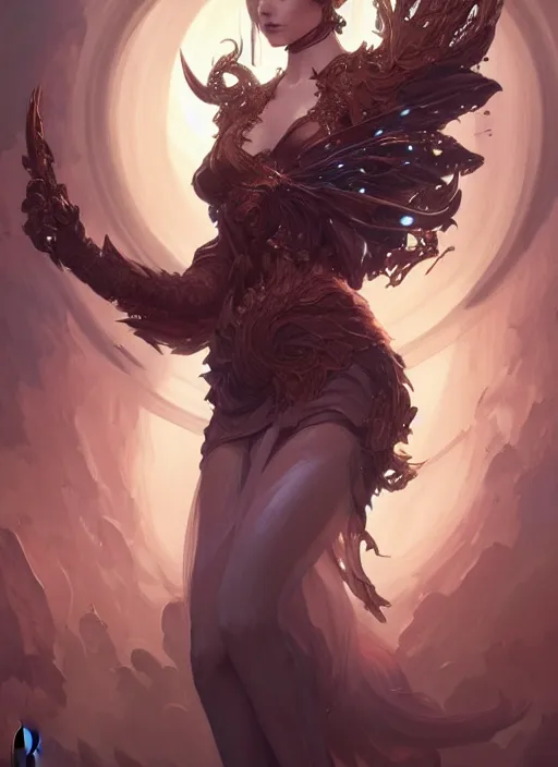 Image similar to summoner with a cute death elemental, fantasy, intricate, elegant, highly detailed, digital painting, artstation, concept art, wallpaper, smooth, sharp focus, illustration, art by artgerm and greg rutkowski and alphonse mucha