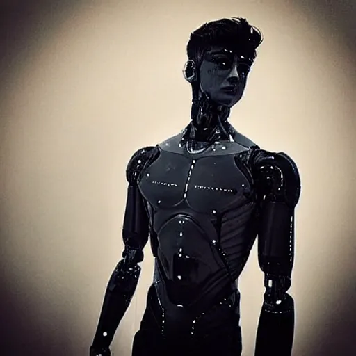 Image similar to “a realistic detailed photo of a guy who is an attractive humanoid who is half robot and half humanoid, who is a male android, twitch streamer Ninja Tyler Blevins, shiny skin, posing like a statue, blank stare, gaming room”