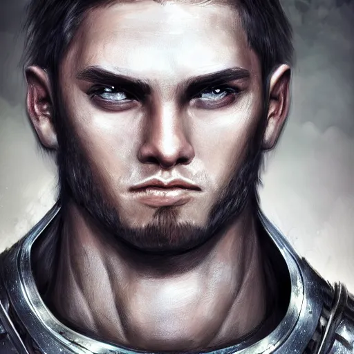 Image similar to realistic portrait, 30 year old man :: athletic, metal armour, majestic, authority, sword :: high detail, digital art, RPG, concept art, illustration