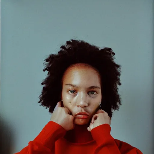 Image similar to realistic! photoshoot for a new vetements lookbook, color film photography, portrait of a beautiful woman, location in a apartment, in style of tyler mitchell, 35mm