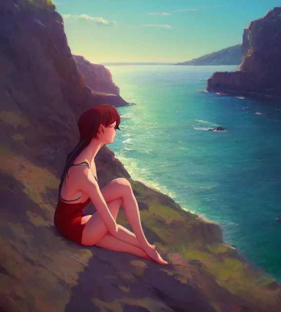 Image similar to a girl sitting on a cliff overlooking a beach. vivid colors, soft lighting, atmospheric, cinematic, moody, in the style of ilya kuvshinov and range murata, krenz cushart, oil on canvas, 8 k