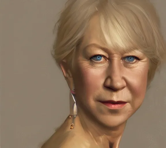 Image similar to a hyper-detailed portrait of Helen Mirren by Craig Mullins; oil on canvas; trending on artstation; 90mm; f/1.4