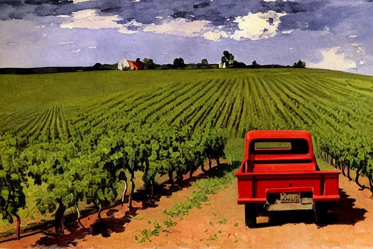 Prompt: painting of a vintage red truck in a vineyard by winslow homer