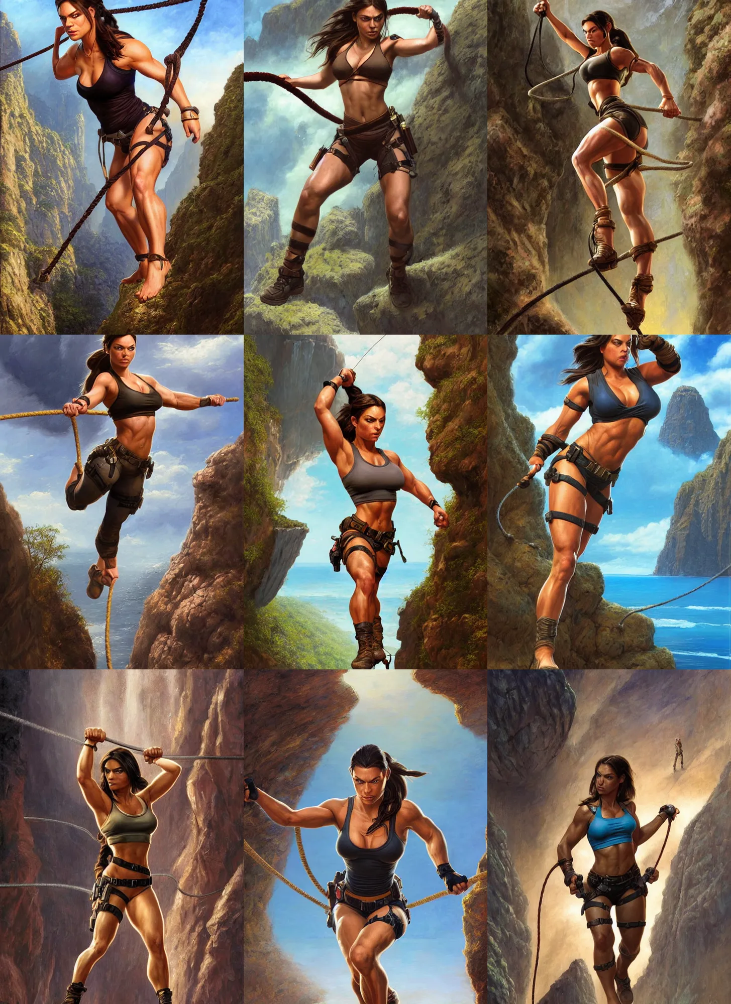 Image similar to portrait of very muscled Mila Kunis as Lara Croft balance walking a tight rope over deep chasm, elegant, highly detailed, centered, digital painting, artstation, artgerm, donato giancola, Joseph Christian Leyendecker, WLOP, Boris Vallejo, Artgerm