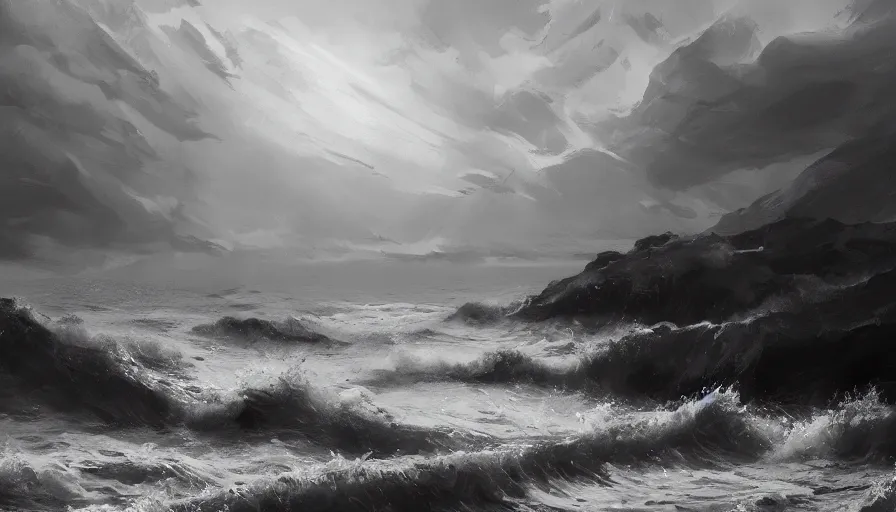 Image similar to sea, enviroment thumbnail black and white, cgsociety, oil painting by jama jurabaev, extremely detailed, brush hard, artstation, high quality, brush stroke