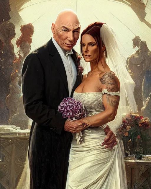 Image similar to Painting of Jean Luc Picard and Jodie Marsh getting married, real life skin, intricate, elegant, highly detailed, artstation, concept art, smooth, sharp focus, art by artgerm and greg rutkowski and alphonse mucha