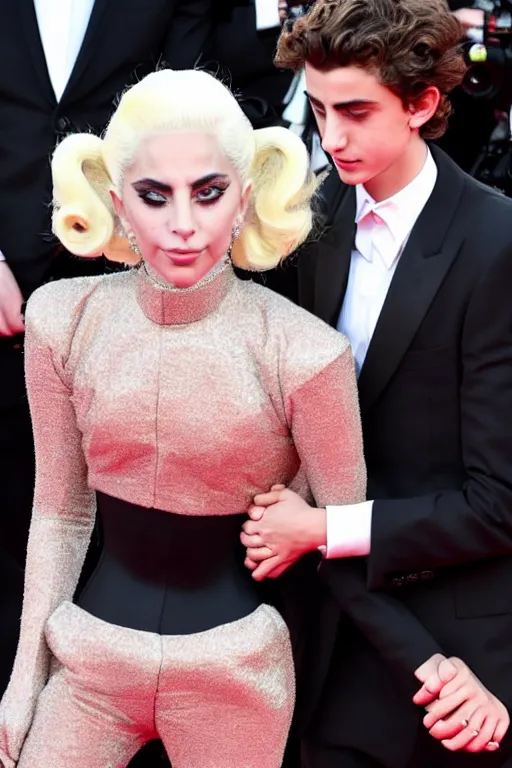 Image similar to timothee chalamet and lady gaga holding hands on the red carpet, beautiful detailed faces, canon eos