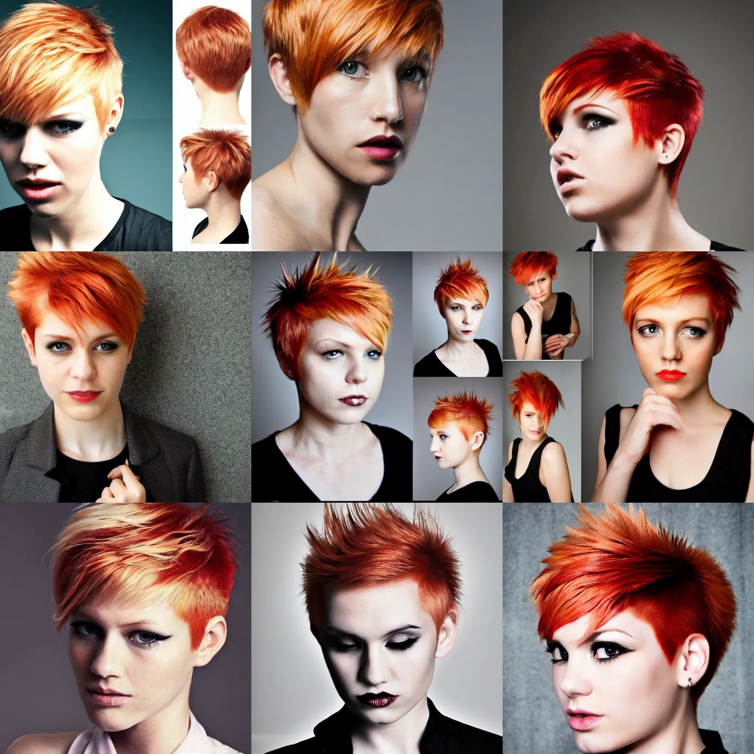 Prompt: strawberry blond pixie cut, spiky, punk, professional fashion photo