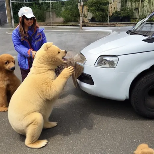 Prompt: a cool bear handing ice cream out to needy puppies