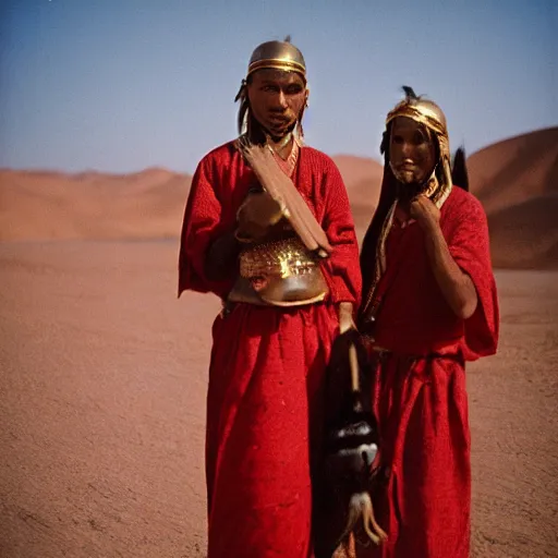 Prompt: 8k pov of a tribe in the desert, Cinestill 800t, cinematic, trending on Flickr, wear red tunics and gold mask and jewels