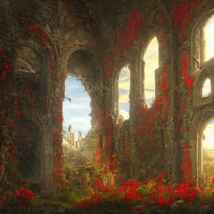 Prompt: a interior photo of a ruined church with a lot of red flowers growing inside at sunset, godrays, complementary colors, concept art, DeviantArt, Ferdinand Knab, beautiful, 8K,highly detailed, high quality
