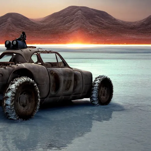 Prompt: mad max vehicle with skis as wheels driving on water on a desert lagoon, cinematic, intricate lighting, atmosphere, highly detailed, sharp focus, movie still