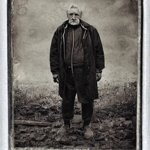 Prompt: tintype photograph, post - nuclear town, old man, tattooed man, sad man, 2 0 9 0 s