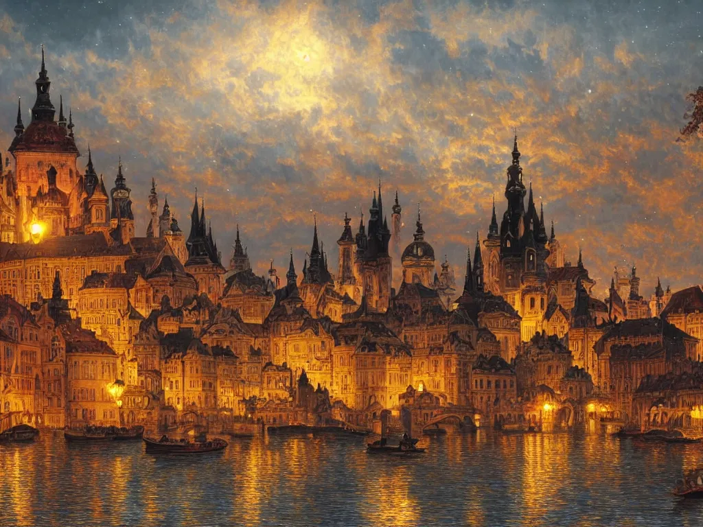 Prompt: a view from the river an ancient medieval castle city resembling prague, paris, and venice at night with northern lights in the sky, intricate, elegant, highly detailed, digital painting, artstation, concept art, smooth, sharp focus, colored illustration for tattoo, art by thomas kincade, krenz cushart and artem demura and alphonse mucha,