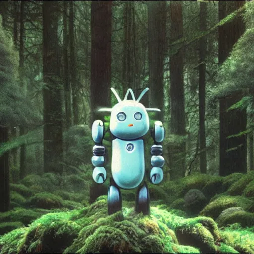 Image similar to a robot covered in moss lying in a forest, shafts of light god rays, hayao miyazaki studio ghibli