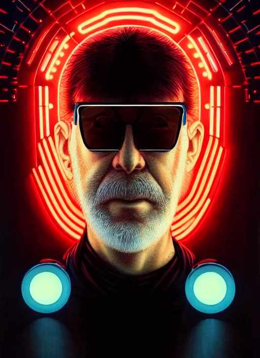 Prompt: symmetry!! portrait of an old man wearing sunglasses, sci - fi -, cyberpunk, blade runner, glowing lights, tech, biotech, techwear!! intricate, elegant, highly detailed, digital painting, artstation, concept art, smooth, sharp focus, blur, short focal length, illustration, art by artgerm and greg rutkowski and alphonse mucha