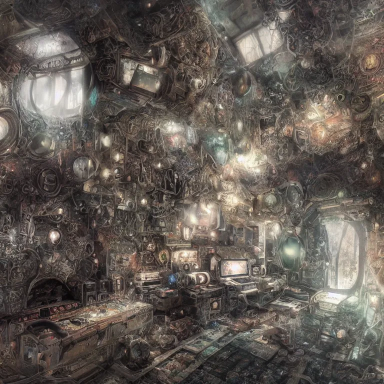 Image similar to the inside of a computer by mahmoud farshchian, mia brownell, very detailed, maximalism, ambient occlusion, volumetric light, atmospheric haze, hyper realism, realistic shading, cinematic composition, realistic render, photorealistic, wide shot