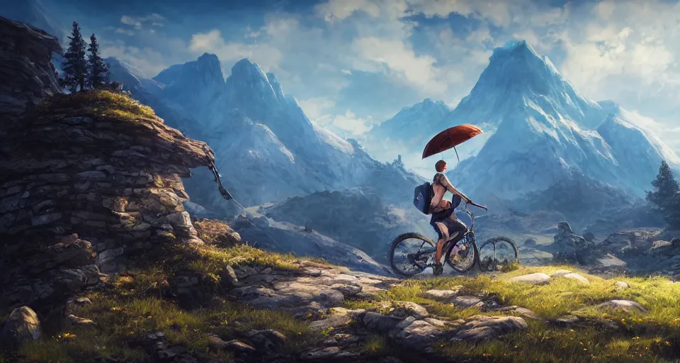 Prompt: An epic fantasy anime style landscape painting of a Mountainrange, with a Mountainbiker and a blue umbrella, unreal 5, DAZ, hyperrealistic, octane render, dynamic lighting