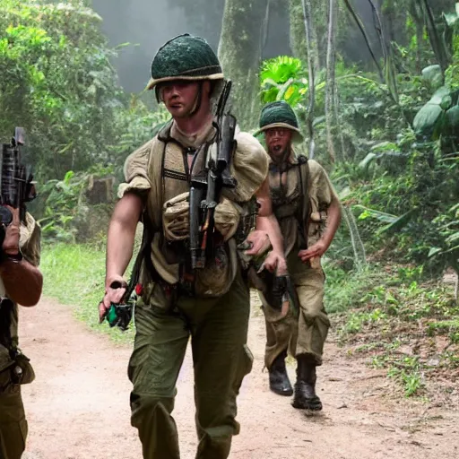 Prompt: elisha cutbert and mary elizabeth winstead as a commandos in a jungle battlefield