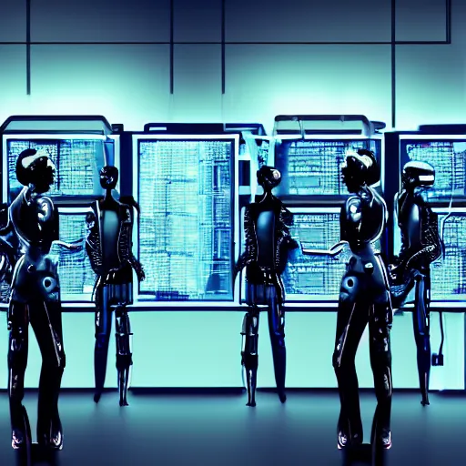 Prompt: human cyborgs wired into a wall of computers, cyberpunk noir