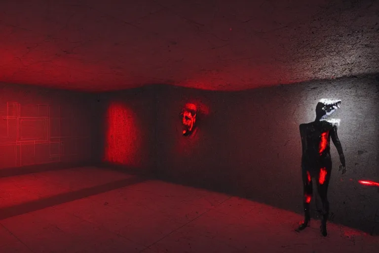 Prompt: cctv of an extremely dark empty room with glowing humanoid cryptid monster made out of static, dark deep black shadows, red and black color contrast in the style of trevor henderson and james ensor goya, liminal space, 3 d octane render, glitch effect