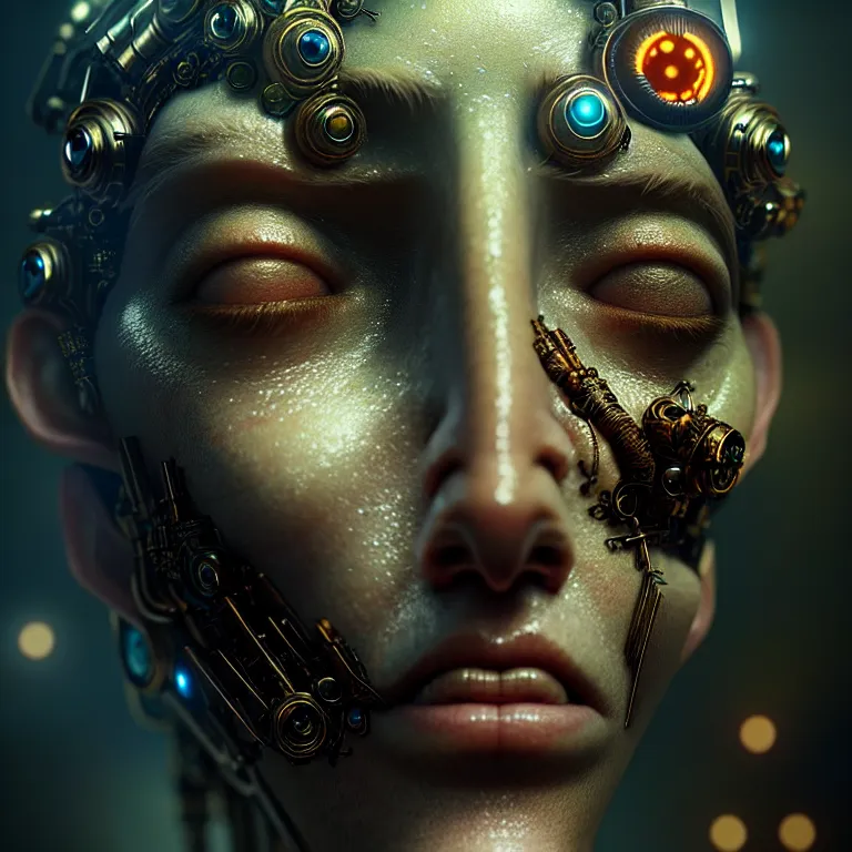 Image similar to ultra realistic beautiful cyborg deity eyes closed, fantasy, intricate details, movie still, highly detailed, photorealistic, octane render, eerie, 8k, art by james clyne and greg rutkowski and michael welan