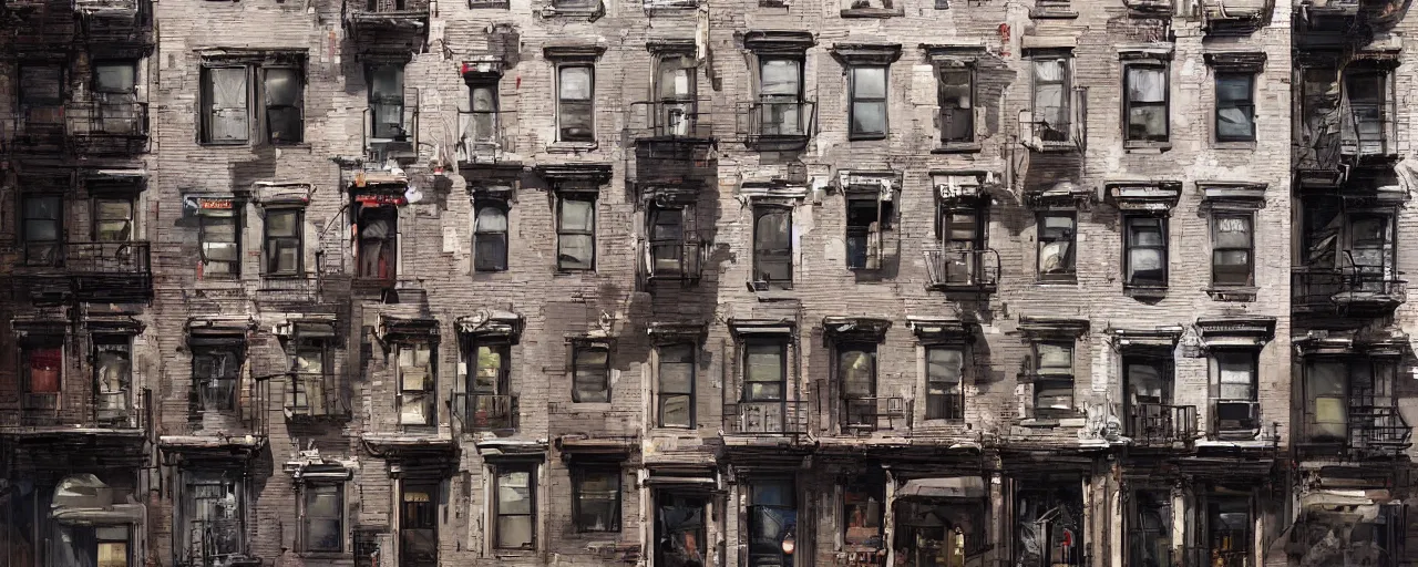 Image similar to new york city block facade. texture. doors. storefronts. street. art by greg rutkowski and william o'connor