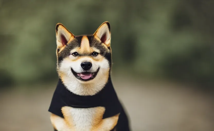 Image similar to a shiba inu wearing a a black turtle neck and wearing a black barret, bokeh, depth of feild, dslr photo