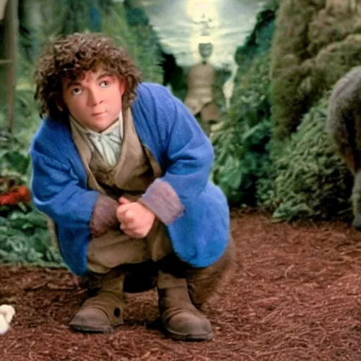 Prompt: Bartook a teen hobbit with short curly dark brown hair wearing a blue vest with a white sash standing next to a giant rabbit, high resolution film still, movie by Peter Jackson