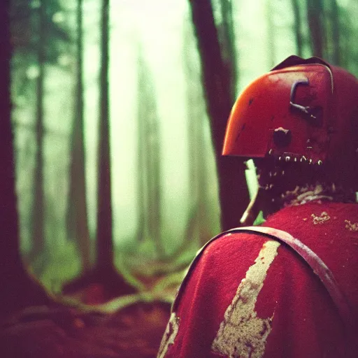 Image similar to close up kodak portra 4 0 0 photograph of a roman legimeer after the battle standing in dark forest, moody lighting, telephoto, 9 0 s vibe, blurry background, vaporwave colors, faded