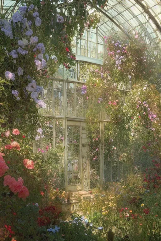 Image similar to a beautifull intricate greenhouse with many flowers, reflexions, verry high details by william turner art, greg rutkowski and alphonse mucha, trending on artstation, very very detailed, masterpiece,