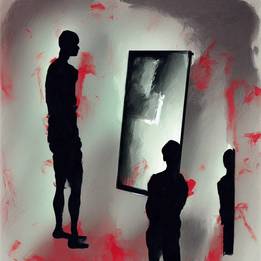 Prompt: a painting of a man standing in front of a mirror in a dark void ambient, a gouache by nathan oliveira and elaine de kooning, cgsociety, figurativism, dark surreal art, painterly, paint strokes, smudged paint, palette knife texture, pencil scribles, digital illustration, artstation